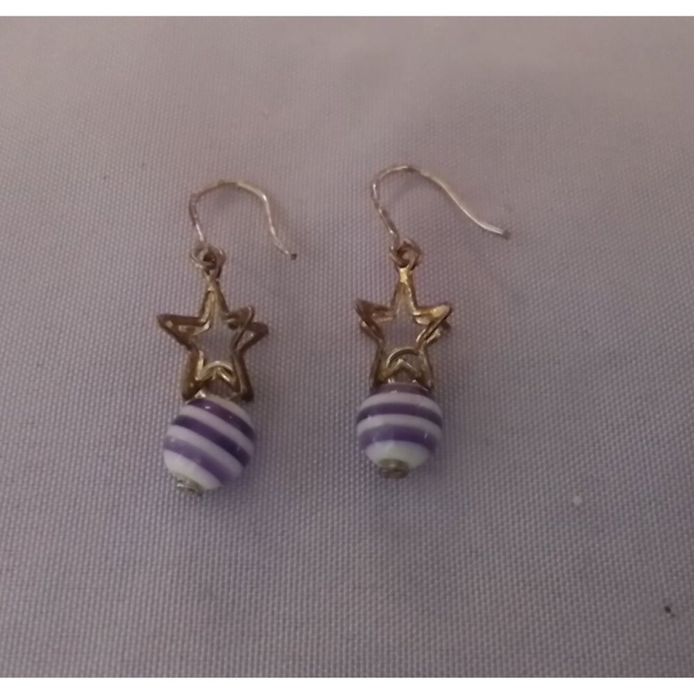Vintage Gold Star & Purple Striped Bead Dangle Earrings